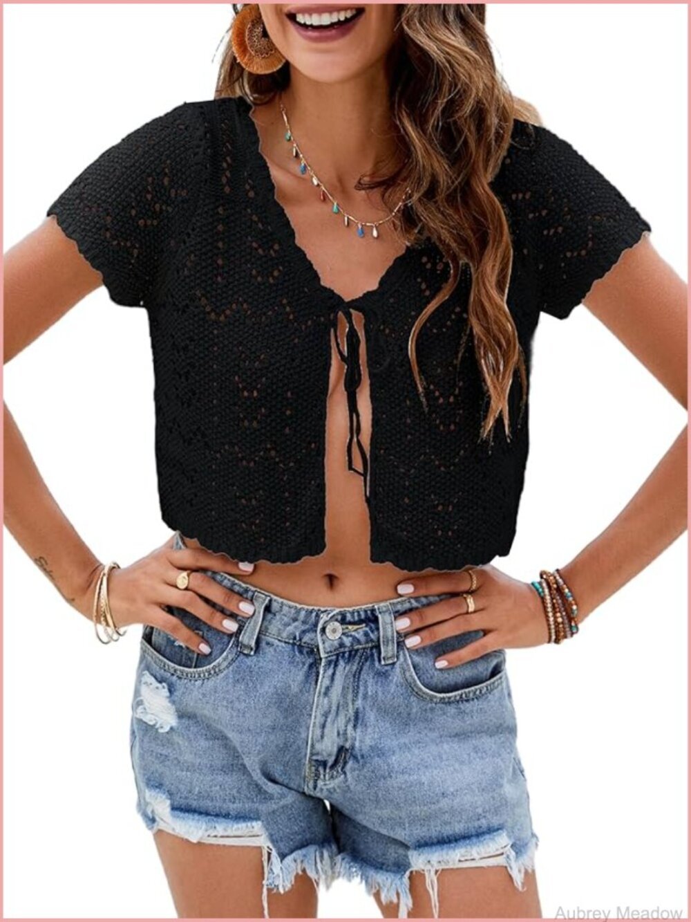 Crochet Cardigan Shrug - Short Sleeve Tie Front Boho Cover Up Lightweight